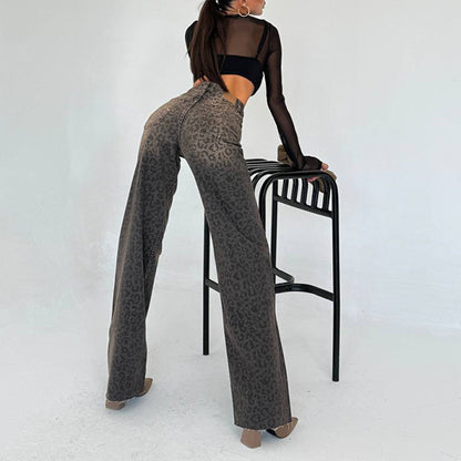 Damen Leoprint Jeanshose Hohe Taille Weite Bein