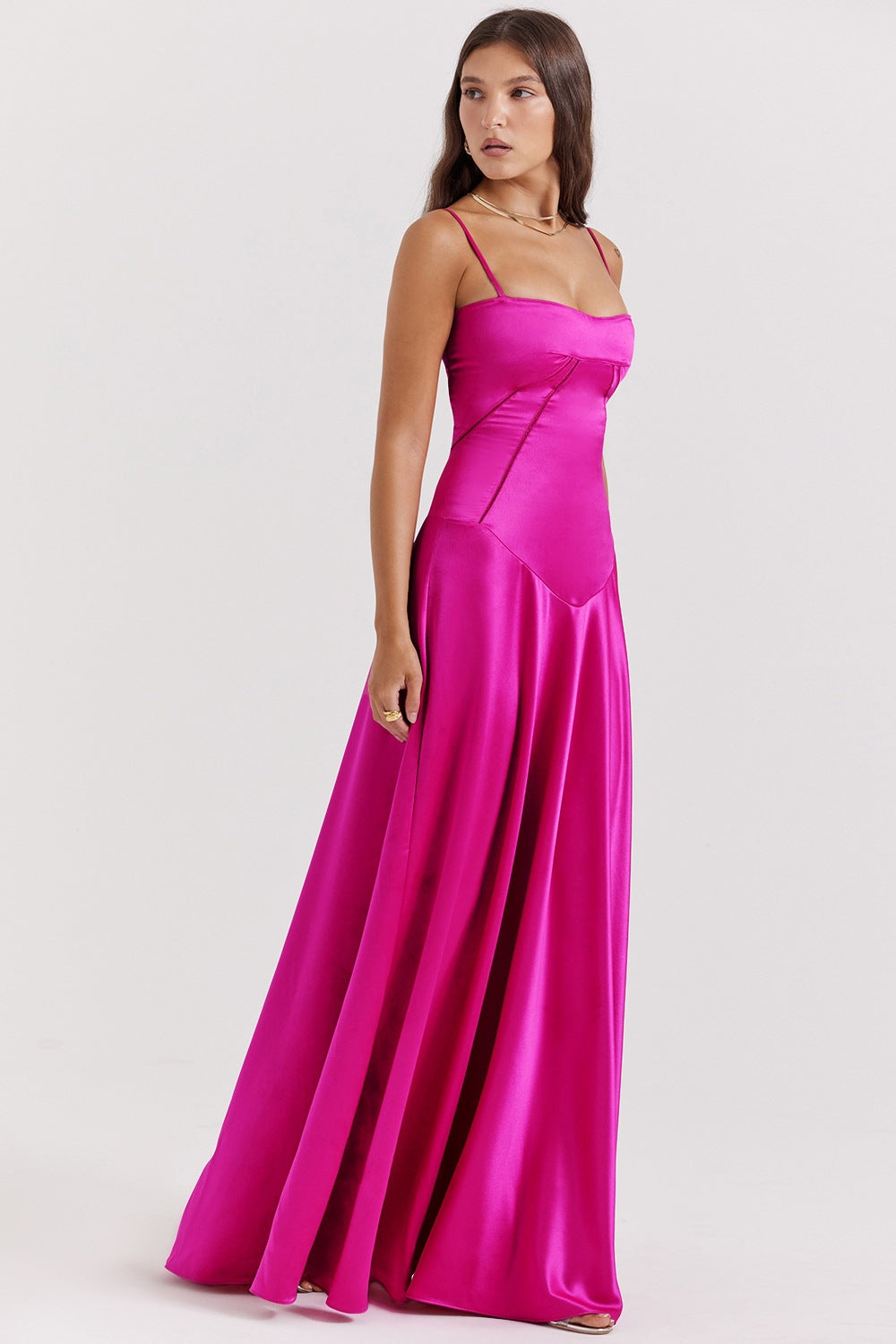 Damen Satin Maxikleid mit Trägern Figurbetont