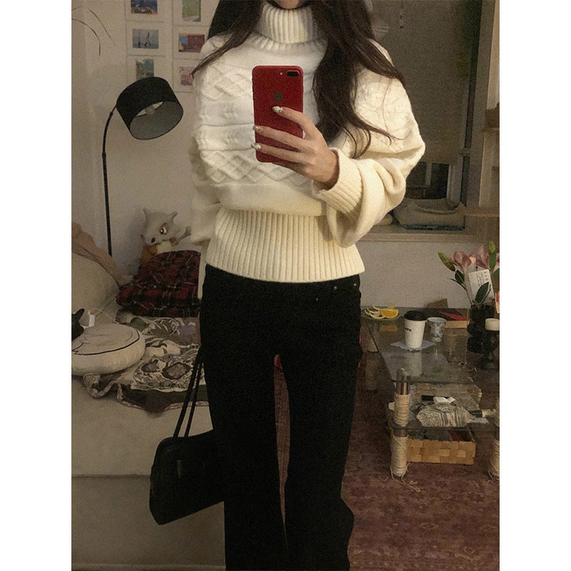 Damen Strickpullover Oversized Hochkragen Strukturiert Beige - Norvielle