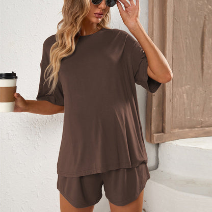 Damen Kurzarmshirt-Set mit Shorts Baumwolle Beige