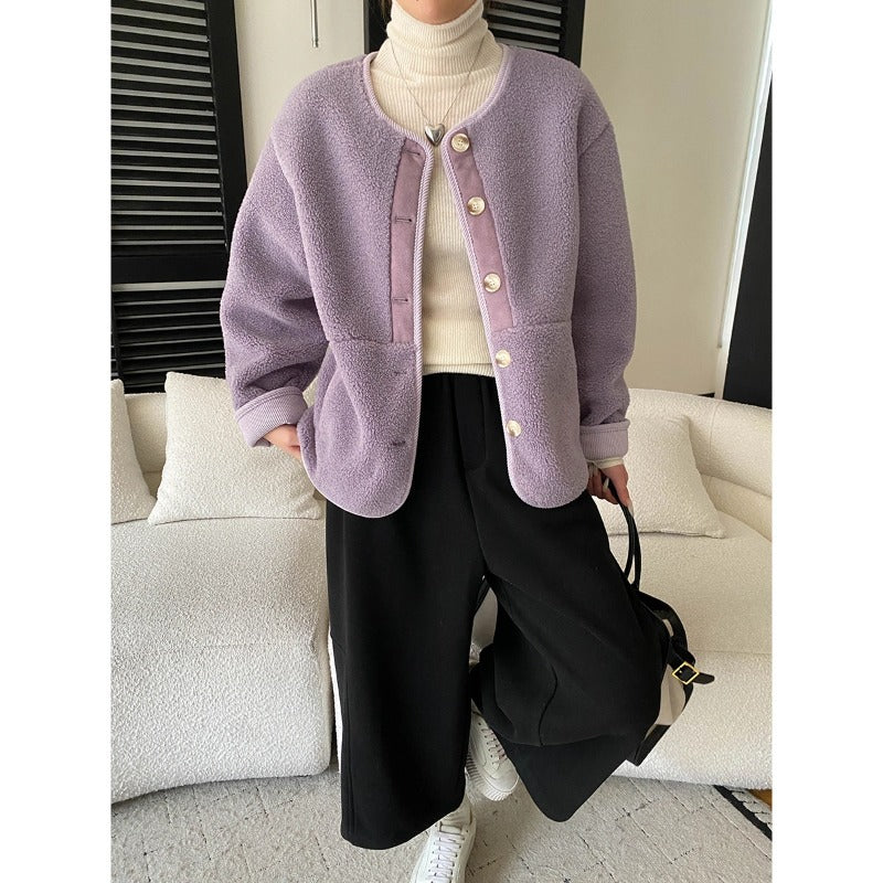 Damen Fleecejacke Kuschelig Knopfleiste Taschen