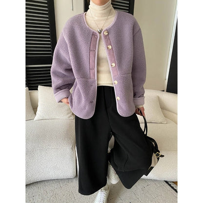 Damen Fleecejacke Kuschelig Knopfleiste Taschen