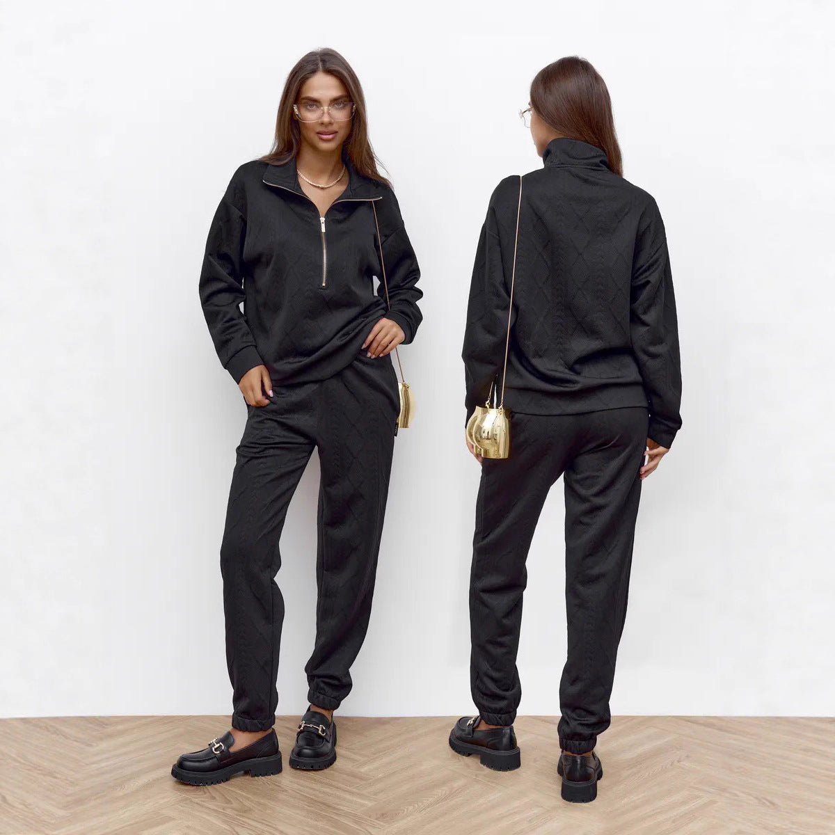 Damen Fleece-Loungewear-Set mit Reißverschluss Rippstruktur Norvielle