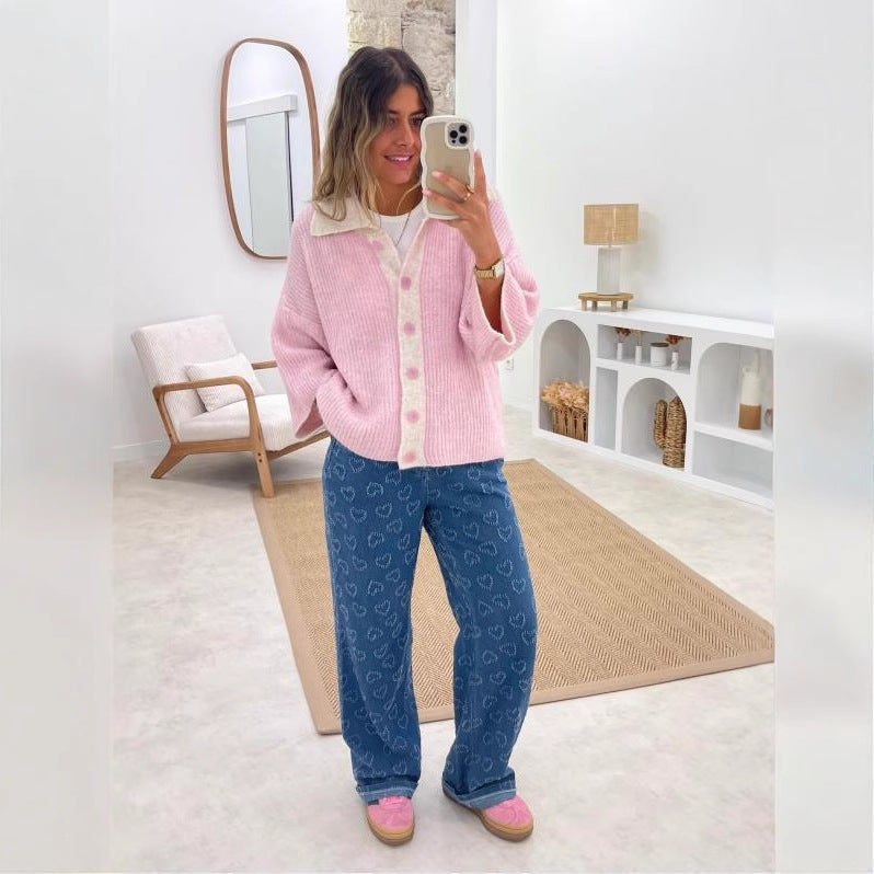 Damen Weite Jeanshose Florales Muster