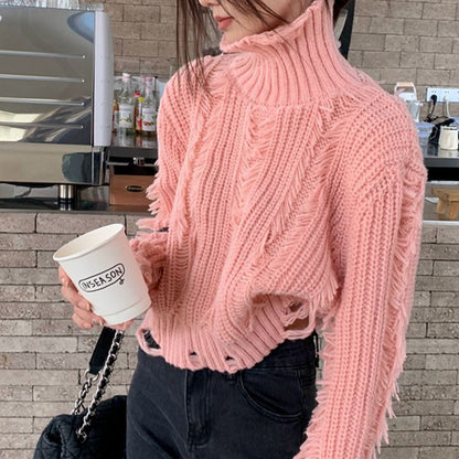 Damen Grobstrickpullover Hochkragen Modern Fransen - Norvielle