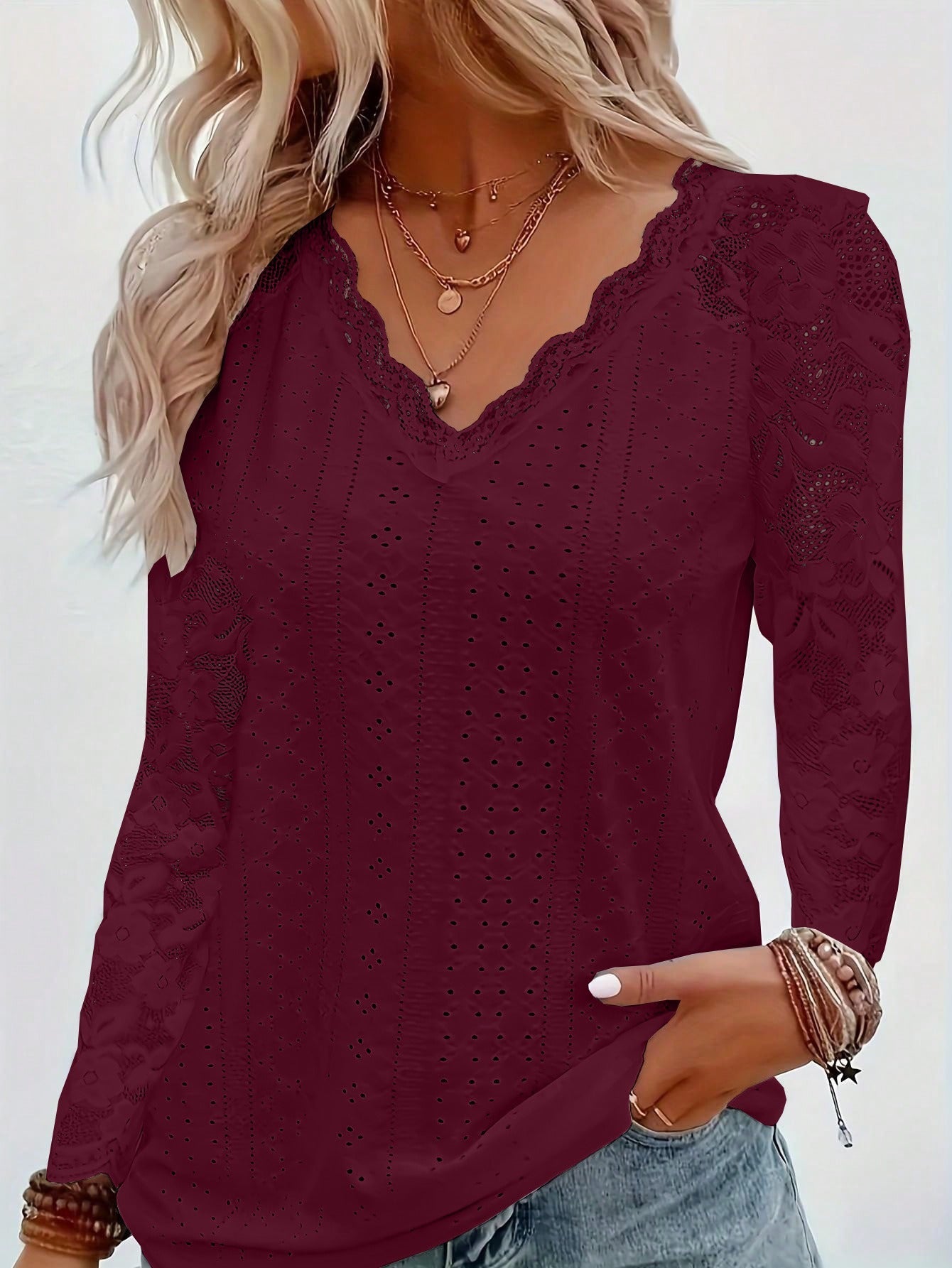 Damen Oberteil Spitzenbesatz V-Ausschnitt Elegantes Design