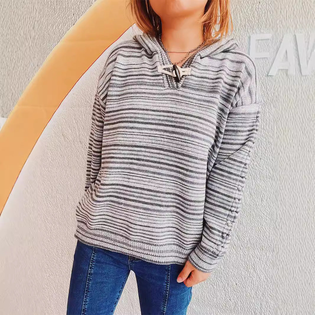 Damen Hoodie Gestreift Breite Ärmel Kordelzug Norvielle