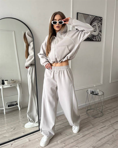 Damen Sportanzug Kapuzenpullover Reißverschluss Taschen
