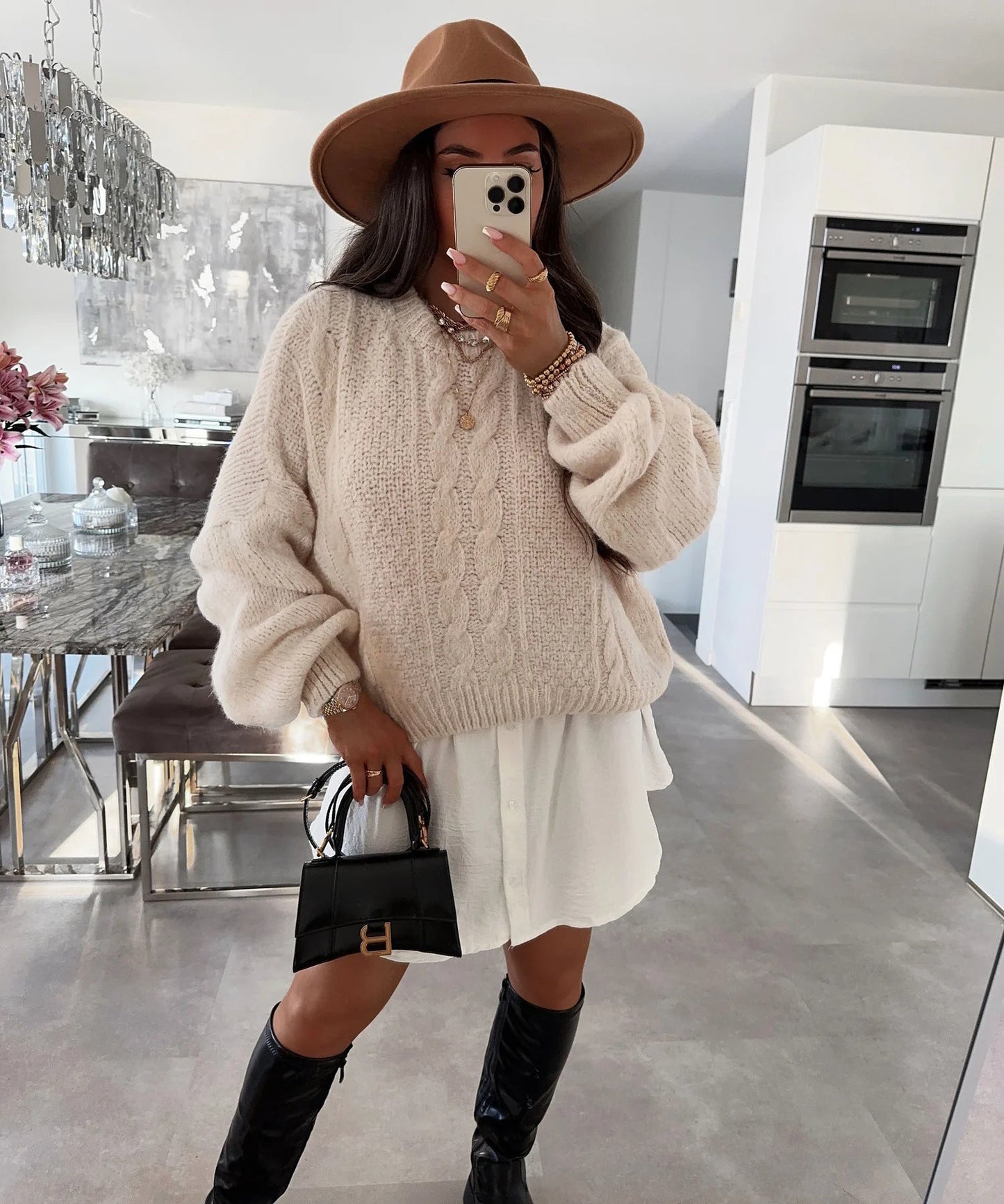 Damen Pullover Grobstrick Voluminöse Ärmel Zopfmuster Beige