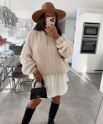 Damen Pullover Grobstrick Voluminöse Ärmel Zopfmuster Beige
