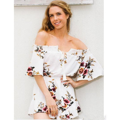 Damen Off-Shoulder-Playsuit Florales Design Rüschendetails
