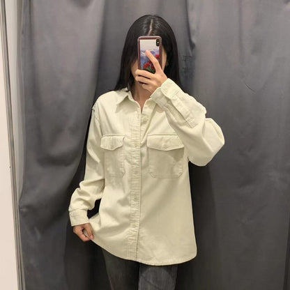 Damen Kordjacke Lässig Brusttaschen Beige