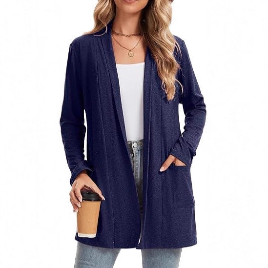Damen Langarm-Cardigan Offene Front Taschen Norvielle