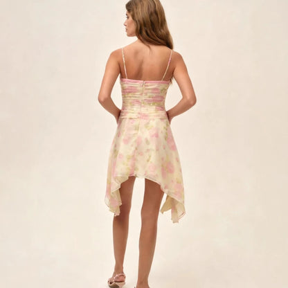 Damen Mini-Kleid mit Blumenmuster Asymmetrischer Saum Elegantes