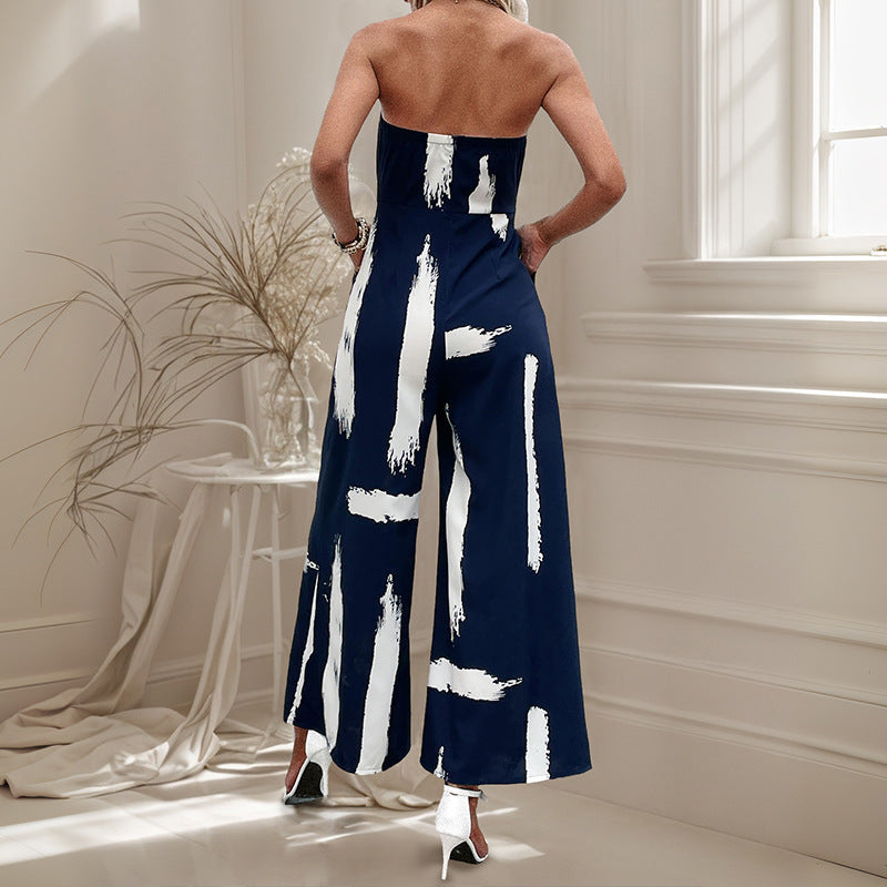 Damen Jumpsuit Schulterfrei Weites Bein Bindegürtel Norvielle