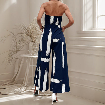 Damen Jumpsuit Schulterfrei Weites Bein Bindegürtel Norvielle