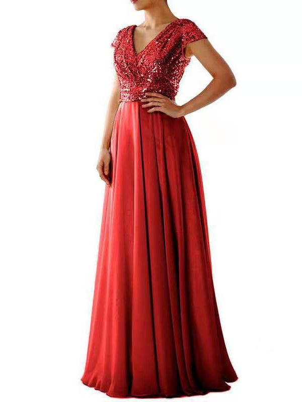 Damen Maxi Kleid V-Ausschnitt Paillette Chiffon Paneel