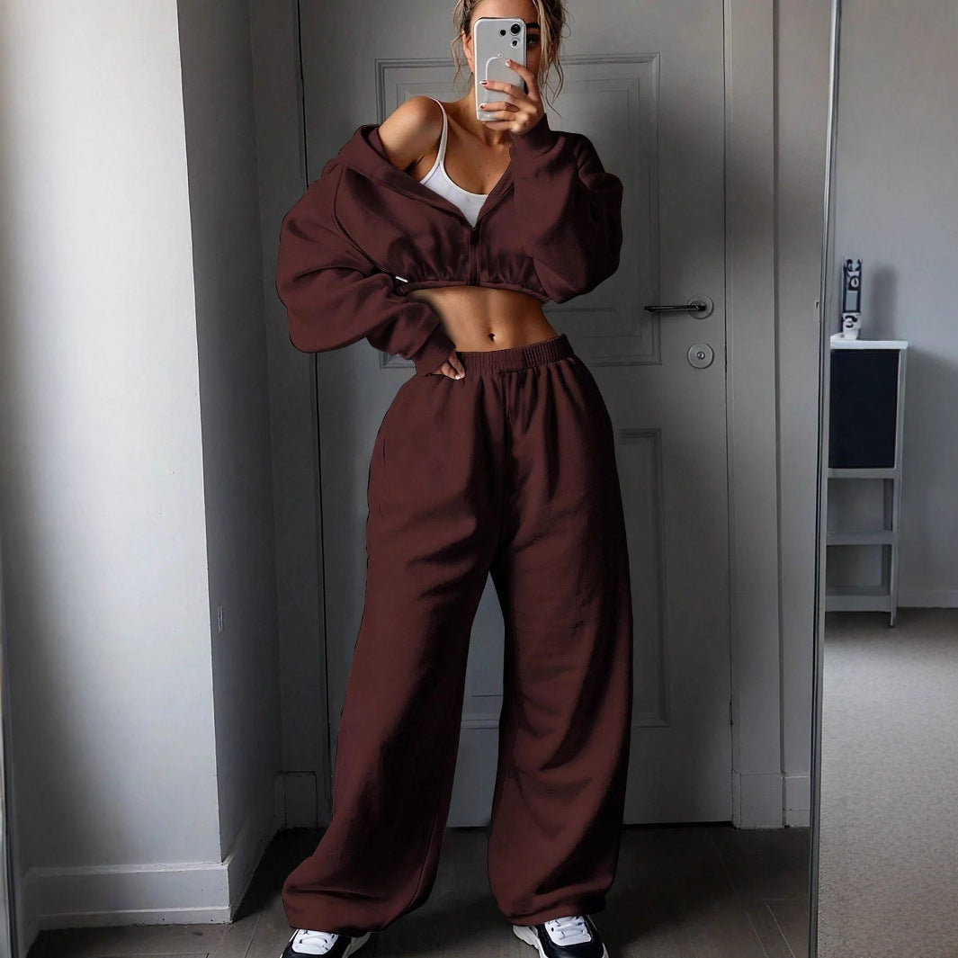 Damen Sportswear Set Cropped Sweatshirt High-Waist Jogginghose Grau