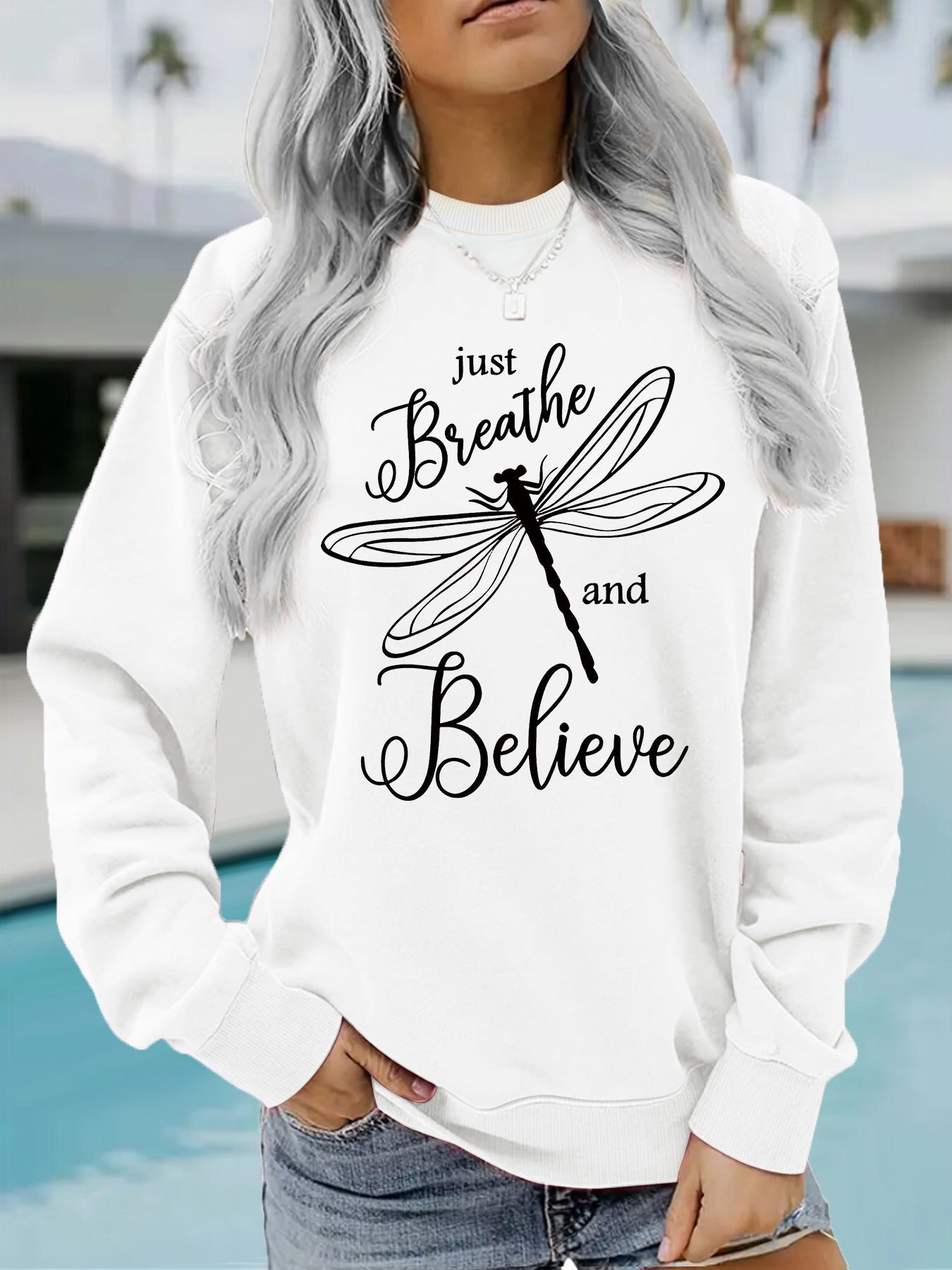 Damen Sweatshirt Drachenfliegen-Motiv Lässiger Schnitt Grau