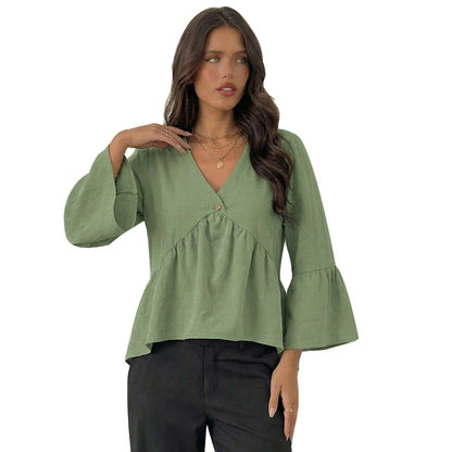 Damen Bluse Weite Ärmel Knopf Detail Norvielle