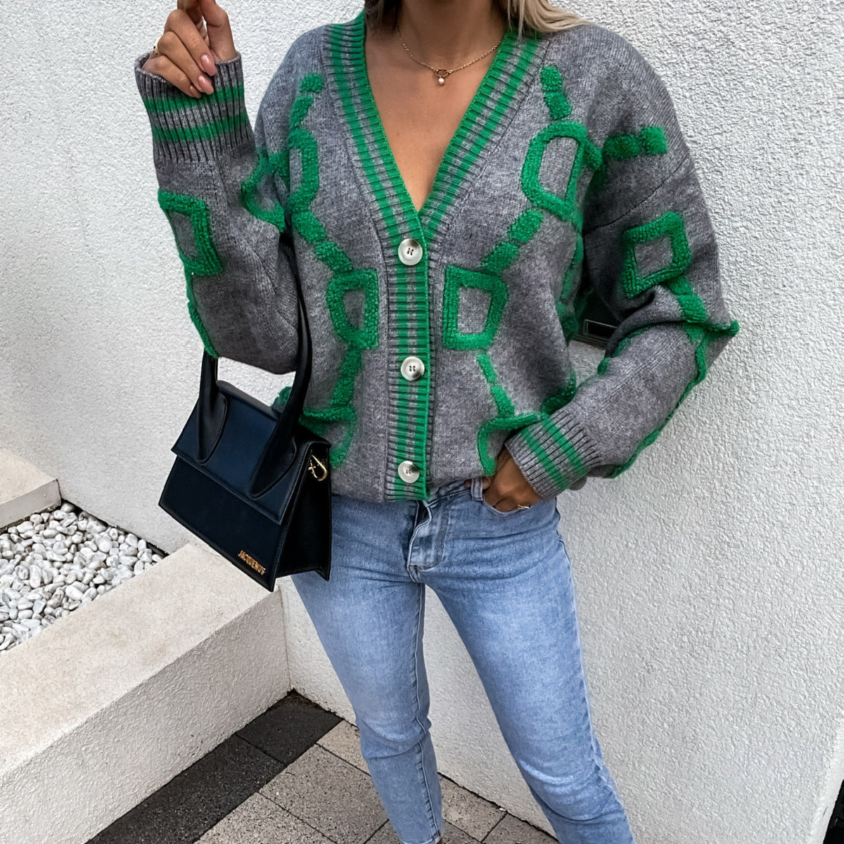 Lässiger Strickcardigan V-Ausschnitt Farbkontrast