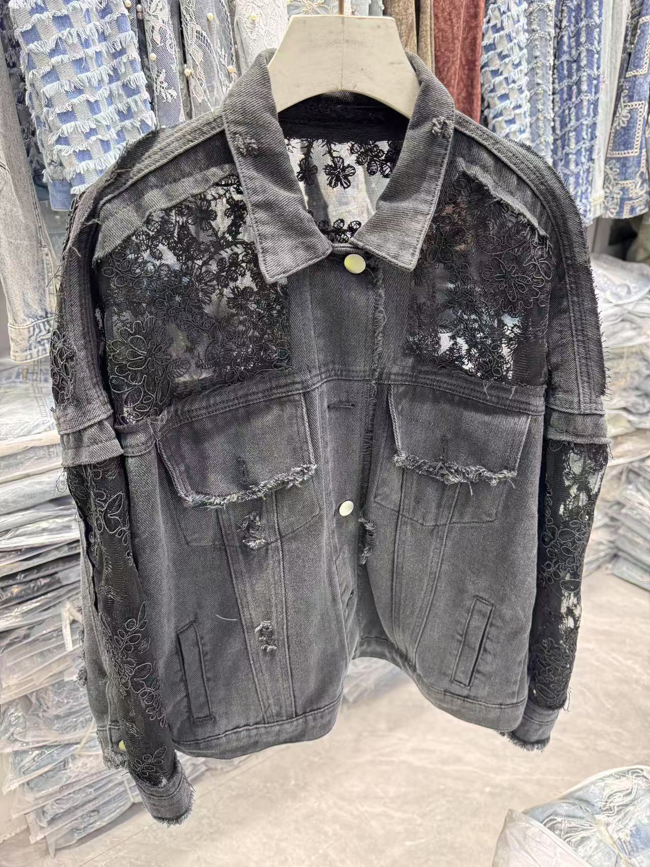 Damen Denimjacke Spitzenverzierung