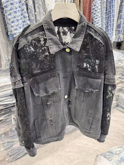 Damen Denimjacke Spitzenverzierung