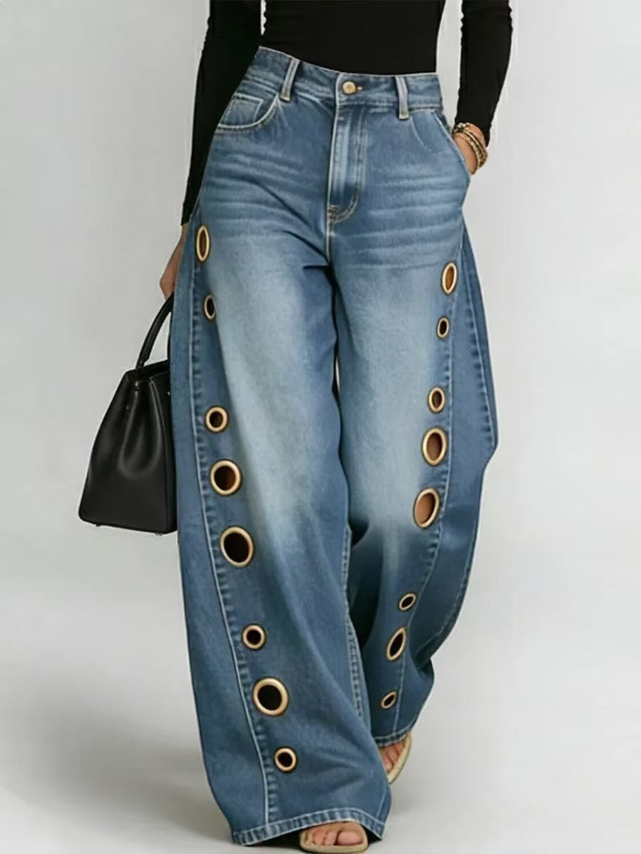 Damen Weite Jeans Dekorative Ösen Hoher Bund Norvielle