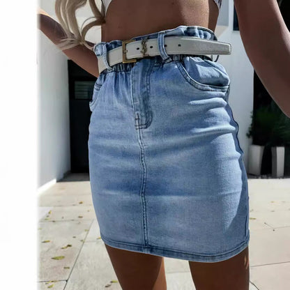 Damen Vintage-Jeansrock Tailliert Verstellbarer Gürtel