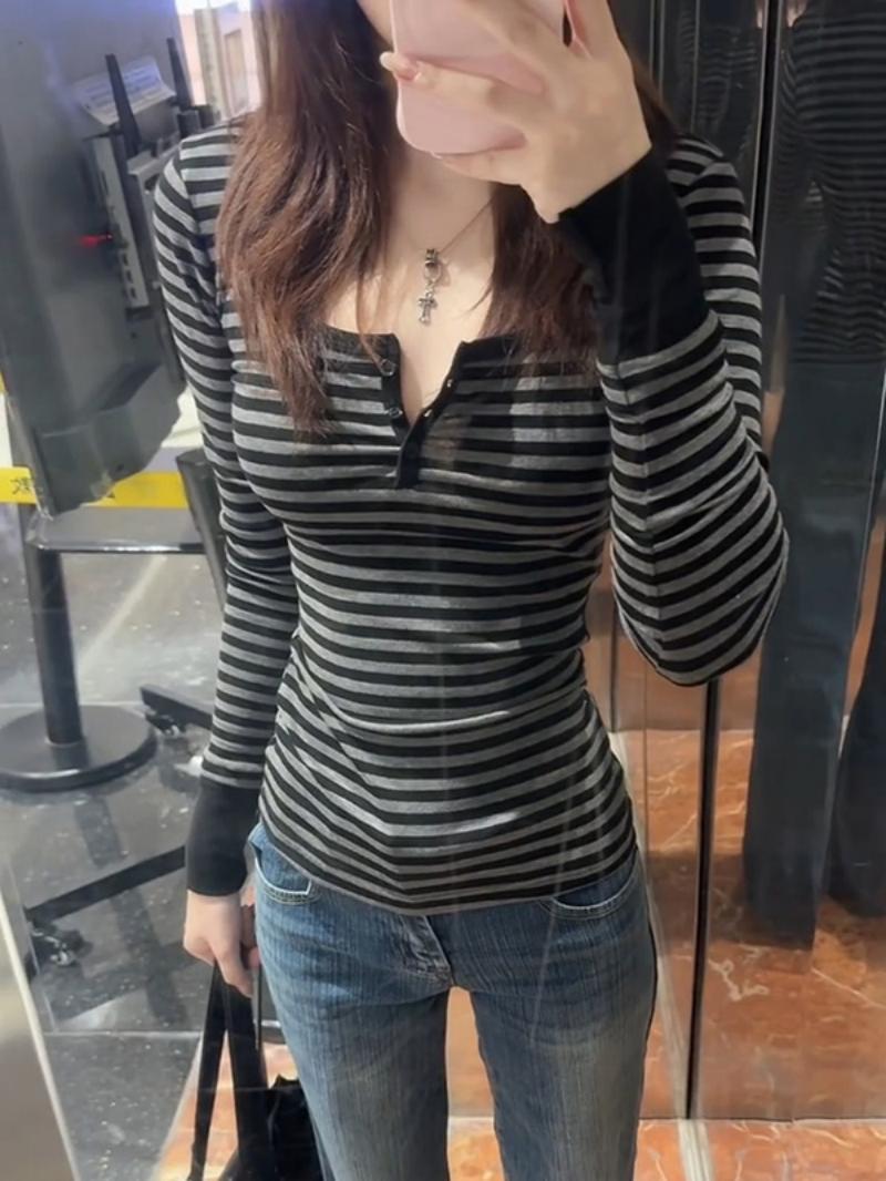 Damen Langarmshirt Streifenmuster Dekorative Knöpfe Norvielle