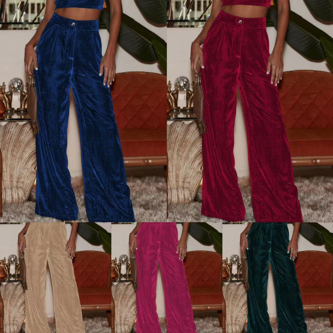 Damen Samt-Hosen Weite Passform Hohe Schlitze Schwarz - Norvielle