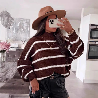 Damen Strickpullover mit Streifenmuster und hohem Kragen Norvielle - Norvielle