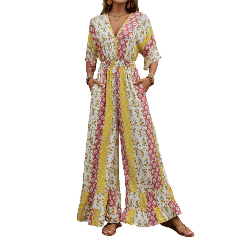 Damen Jumpsuit Floralmuster Weite Beine Norvielle