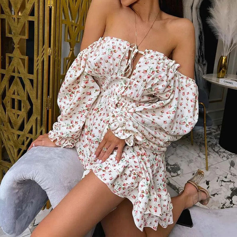 Damen Minikleid Schulterfrei Rüschen Saum Norvielle - Norvielle