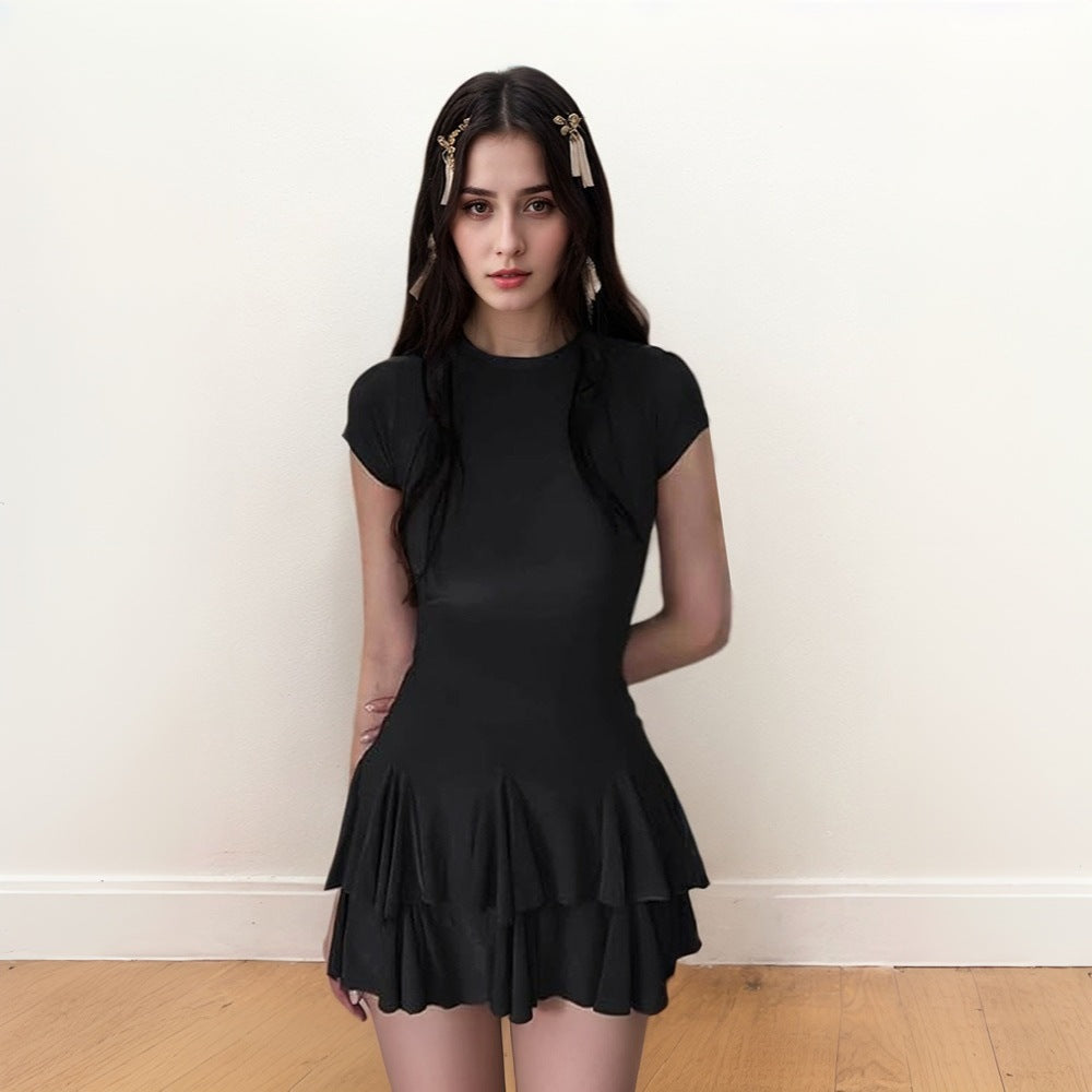 Damen Minikleid Rüschensaum Figurbetont