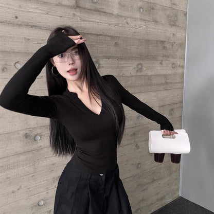 Damen Langarmshirt V-Ausschnitt Figurbetonter Stoff Norvielle