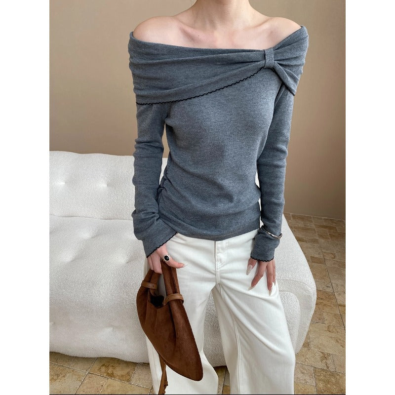 Damen Off-Shoulder Pullover Raffung Länge Langärmelig Norvielle - Norvielle
