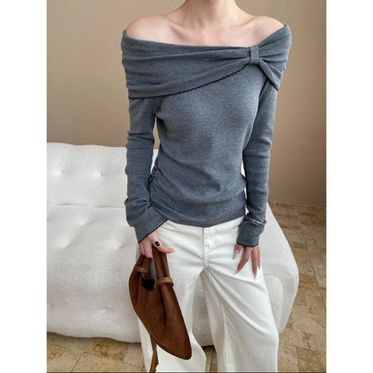 Damen Off-Shoulder Pullover Raffung Länge Langärmelig Norvielle - Norvielle