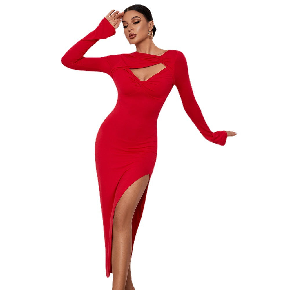 Damen Langarm-Kleid mit Cut-Out und hohem Schlitz Norvielle