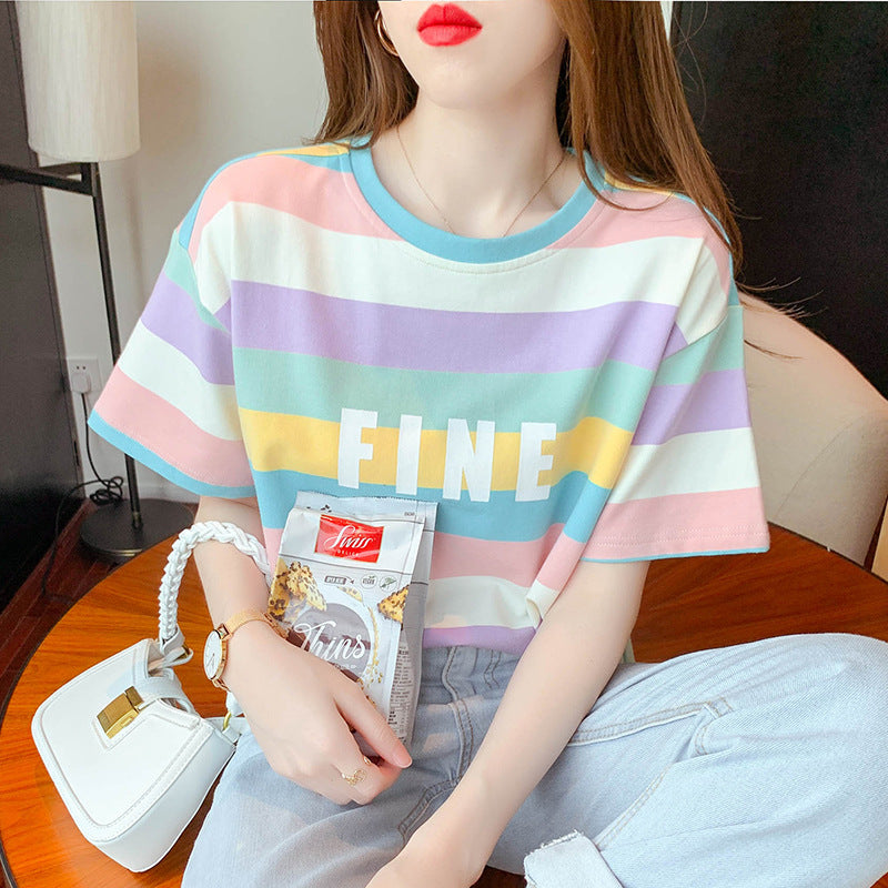 Damen T-Shirt Bunt Streifenmuster Baumwolle