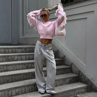Damen Crop-Pullover mit Fransen Norvielle