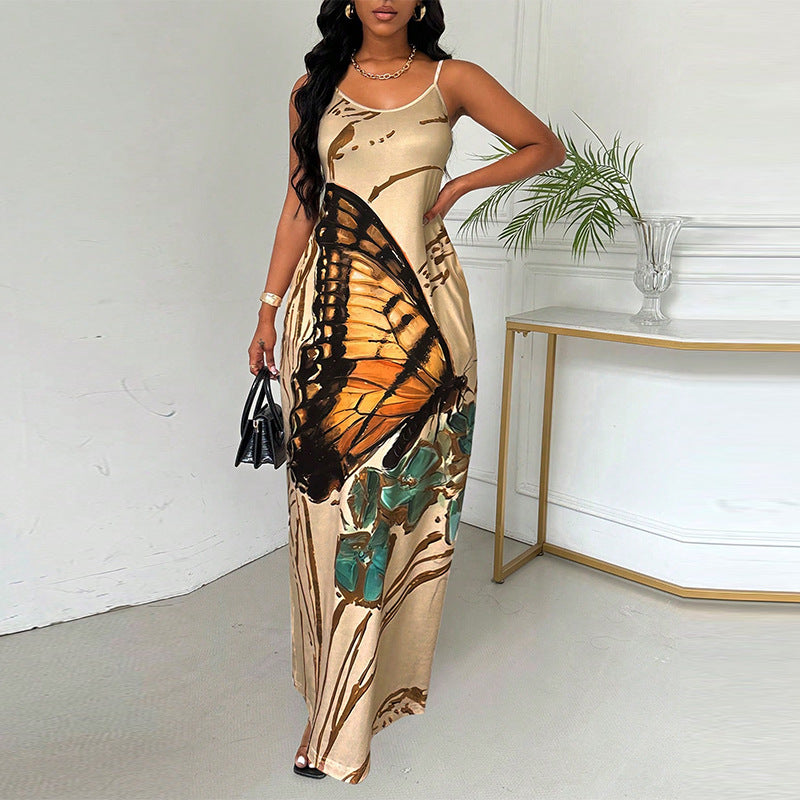 Damen Maxikleid Spaghettiträger Schmetterlingsdruck Norvielle - Norvielle