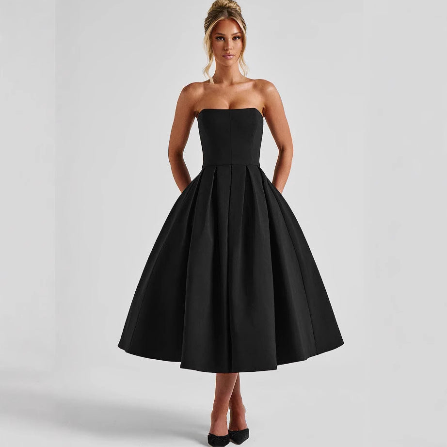 Damen Abendkleid A-Linie tief ausgeschnitten mit Plissee Schwarz - Norvielle