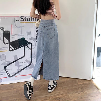 Damen Midi-Rock Denim Mit Schlitzen