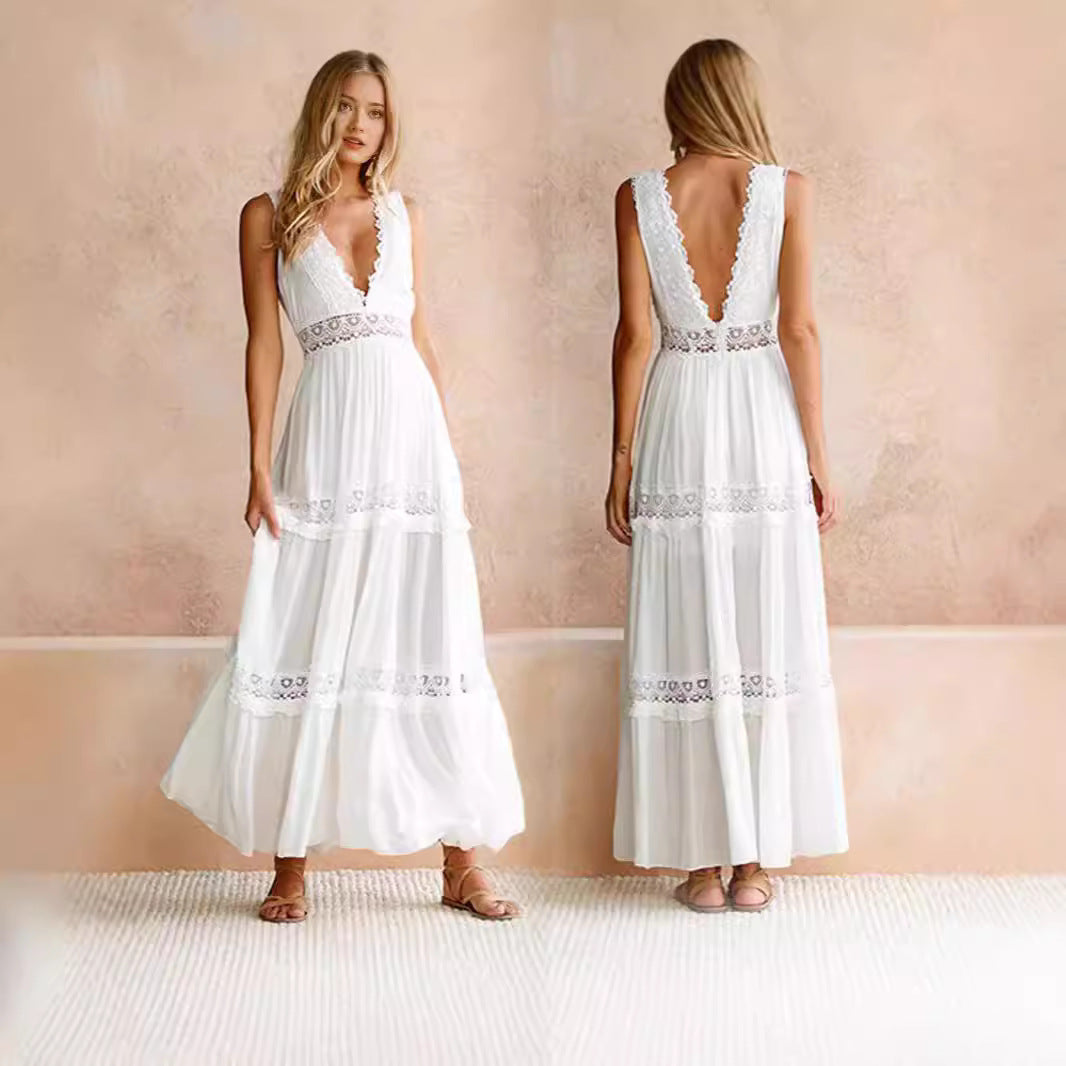 Damen Maxikleid V-Ausschnitt Häkelapplikationen Norvielle - Norvielle