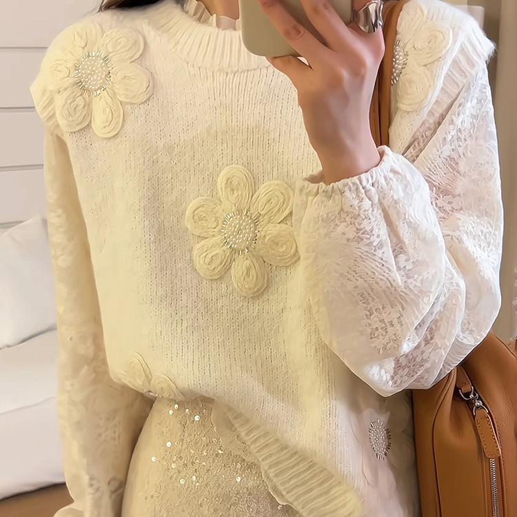 Damen Strickpullover Florale Applikationen Strukturiert Norvielle