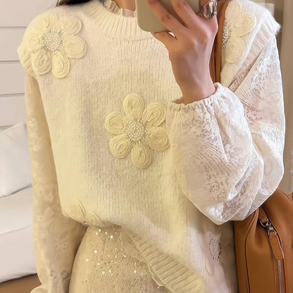 Damen Strickpullover Florale Applikationen Strukturiert Norvielle