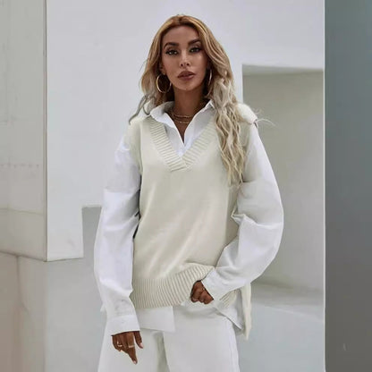 Damen Stricküberwurf V-Ausschnitt Lässig Beige