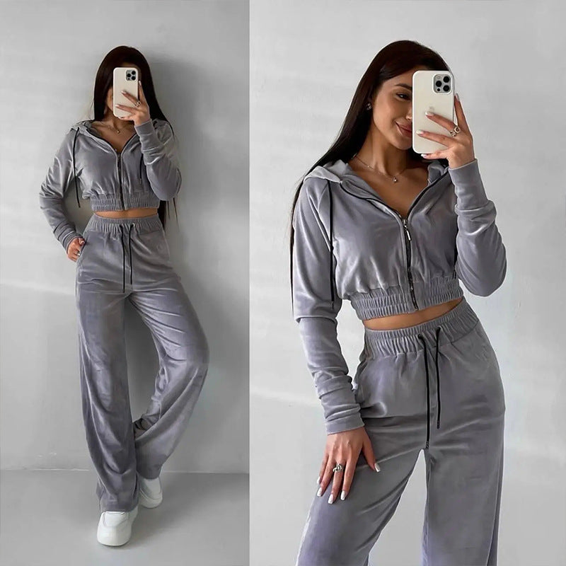 Damen Velours Hoodie Set Cropped mit Jogginghose Norvielle - Norvielle