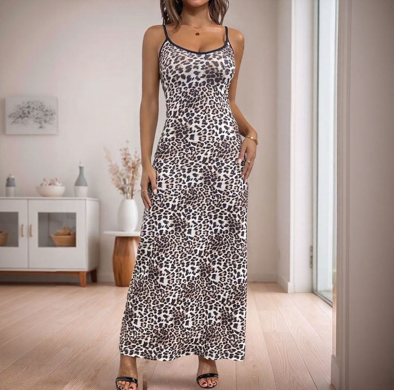 Damen Maxikleid Leopardenmuster Rückenausschnitt